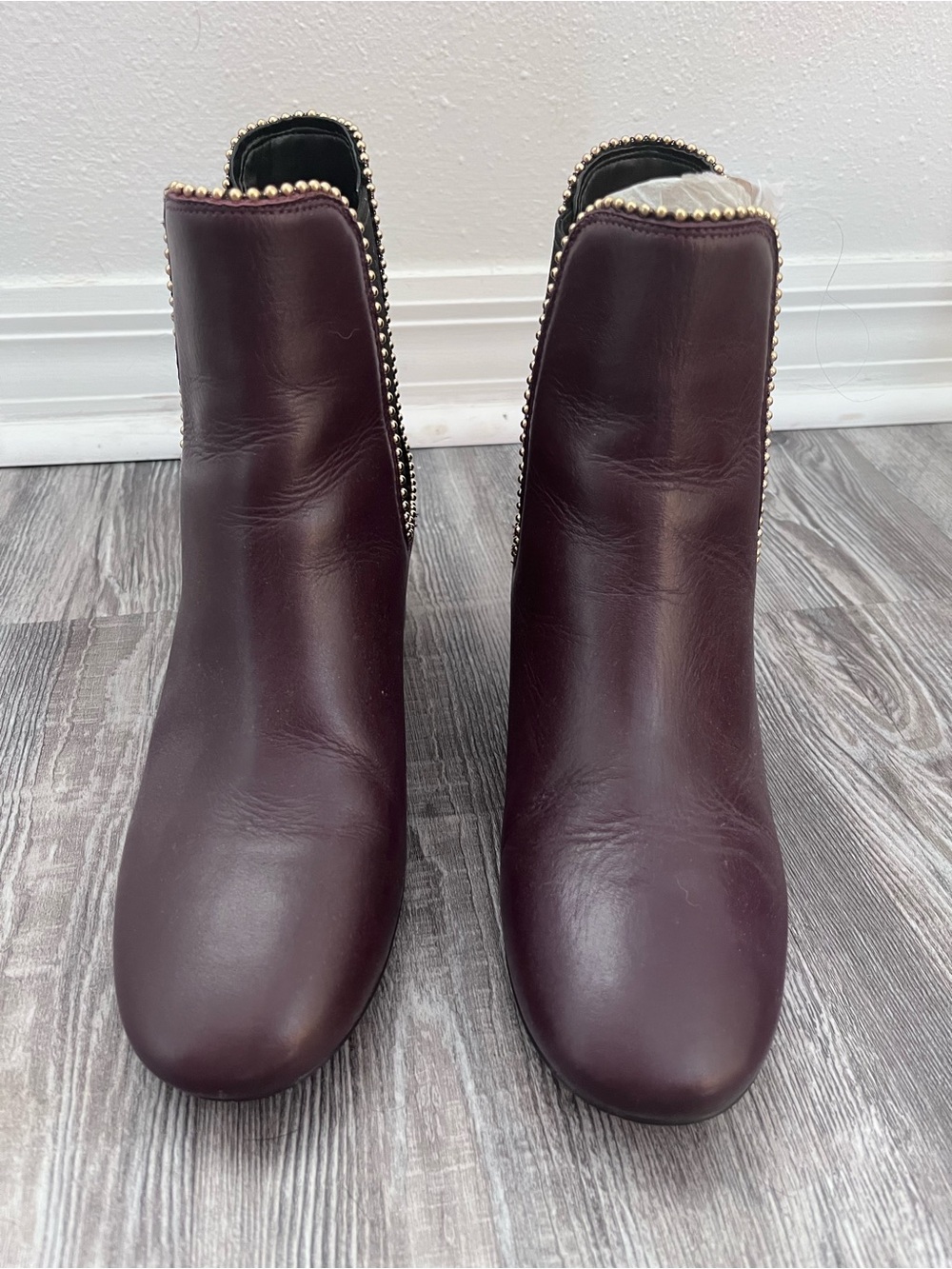 Coach Women's Burgundy Leather Ankle Booties with Gold Stud Trim